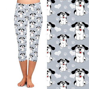 Ladies Cute 3D Cartoon Dogs and Paw Prints Capri Leggings