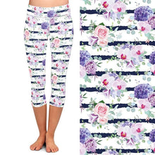 Laden Sie das Bild in den Galerie-Viewer, Ladies Stripes With Flowers Printed Capri Leggings