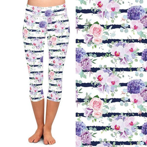 Ladies Stripes With Flowers Printed Capri Leggings
