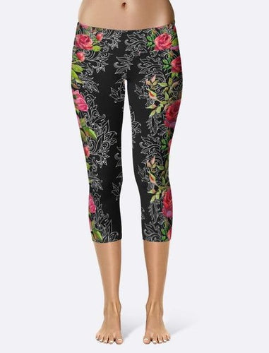 Ladies Black Capri Leggings With Floral Side Prints