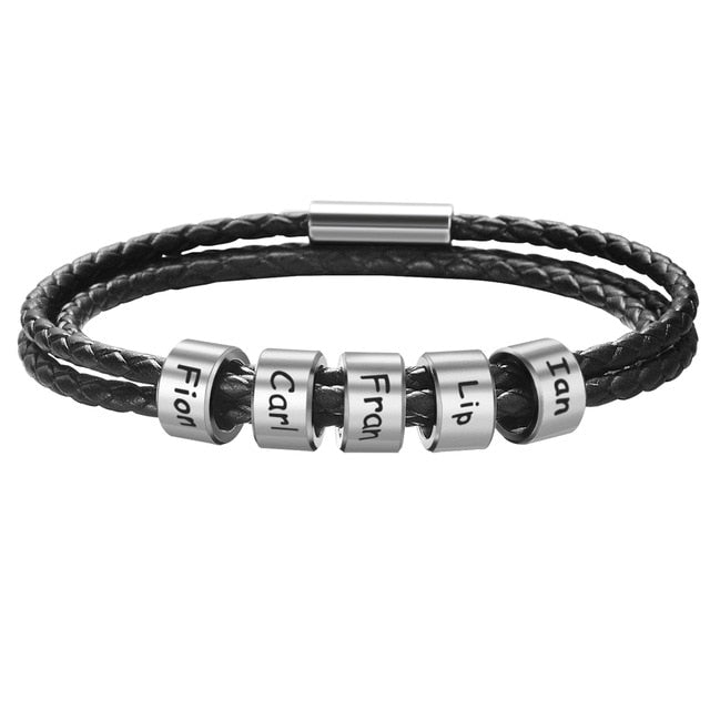 Unisex Customized Name Bracelets - Stainless Steel Beads - Genuine Leather