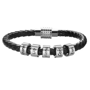 Unisex Customized Name Bracelets - Stainless Steel Beads - Genuine Leather