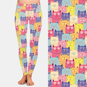 Ladies Cute Colourful Cats Patterned Leggings