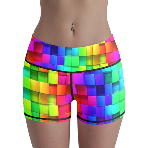 3D Rainbow Cubes Printed High Waist Seamless Shorts