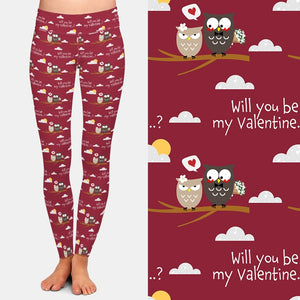 Ladies Fashion Valentine's Day Cute Couple Owls Printed Leggings