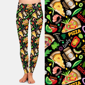Ladies 3D Fast Food Tacos & Pizzas Printed Brushed Leggings
